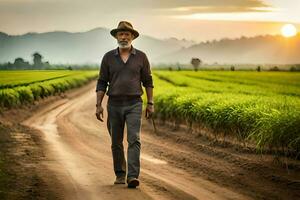 ett gammal man gående ner en smuts väg i en ris fält. ai-genererad foto