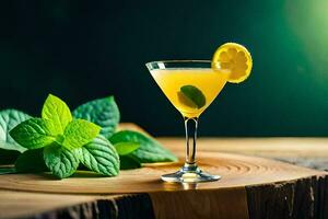 en cocktail med mynta och citron- på en trä- tabell. ai-genererad foto