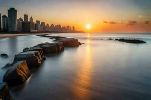 de Sol uppsättningar över de chicago horisont. ai-genererad foto