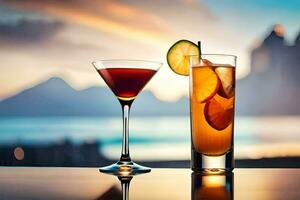 två cocktails sitta på en tabell med en solnedgång i de bakgrund. ai-genererad foto