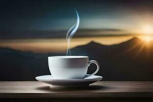 en kopp av kaffe på en tabell med bergen i de bakgrund. ai-genererad foto