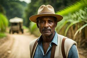 en man i en hatt stående i främre av en socker sockerrör fält. ai-genererad foto