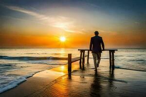 en man stående på en pir på solnedgång. ai-genererad foto