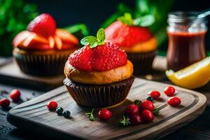 muffins med jordgubbar och citron- på en trä- skärande styrelse. ai-genererad foto