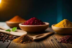 kryddor och kryddor i skålar på en trä- tabell. ai-genererad foto