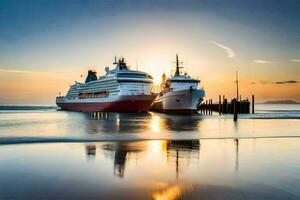 två kryssning fartyg dockad på de strand på solnedgång. ai-genererad foto