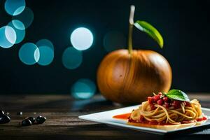 spaghetti med tomat sås och basilika löv på en tallrik. ai-genererad foto