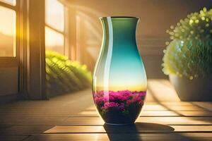 en vas med blommor i den på en trä- golv. ai-genererad foto