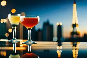 två glasögon av cocktails på en tabell i främre av de eiffel torn. ai-genererad foto