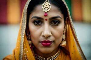 en kvinna bär en sari och Smycken. ai-genererad foto