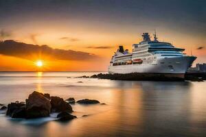 en kryssning fartyg i de hav på solnedgång. ai-genererad foto