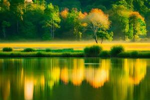 en träd är reflekterad i de vatten med en dimmig bakgrund. ai-genererad foto