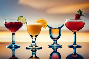 fyra annorlunda typer av drycker i glasögon på en tabell. ai-genererad foto
