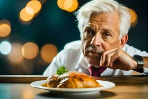 ett äldre man Sammanträde på en tabell med en croissant. ai-genererad foto