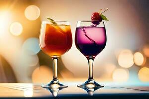 två glasögon av drycker med färgrik drycker på en tabell. ai-genererad foto