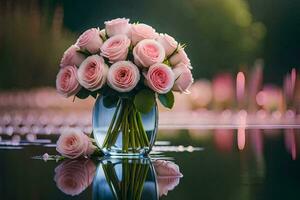 rosa ro i en vas på en sjö. ai-genererad foto