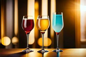 tre glasögon av annorlunda färgad drycker på en tabell. ai-genererad foto