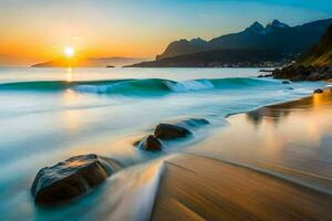 en skön solnedgång över de hav med stenar och vatten. ai-genererad foto
