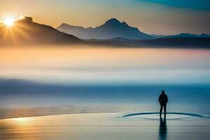 en man stående på en sten i de mitten av en sjö på soluppgång. ai-genererad foto