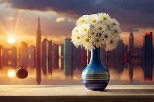 en vas med blommor på en tabell i främre av en stad horisont. ai-genererad foto