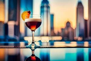 en glas av vin med en körsbär på topp i främre av en stad horisont. ai-genererad foto
