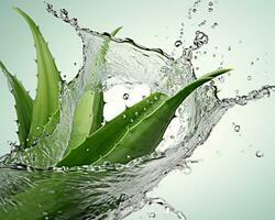 aloe vera växt blad med vatten stänk isolerat på studio ljus bakgrund. ai genererad foto