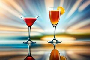två glasögon av cocktails med orange skivor på de tabell. ai-genererad foto
