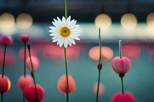 en daisy är i de mitten av en fält av rosa blommor. ai-genererad foto