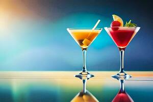 två cocktails med frukt och is på en tabell. ai-genererad foto