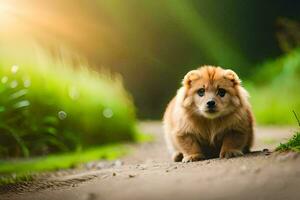 en små hund är gående på en smuts väg. ai-genererad foto