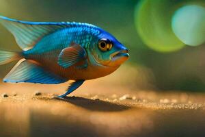 en blå fisk med gul ögon och blå fenor. ai-genererad foto