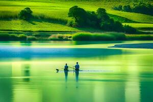 två människor är paddling en kanot på en sjö. ai-genererad foto