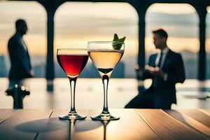 två glasögon av vin på en tabell med en man i en kostym. ai-genererad foto