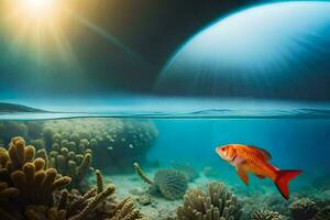 en fisk simning i de hav med de Sol lysande. ai-genererad foto