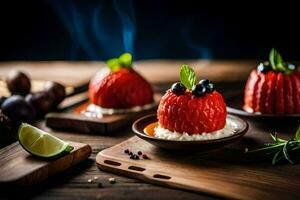 tre små desserter med jordgubbar och mynta på en trä- tabell. ai-genererad foto