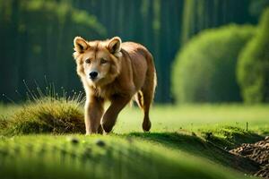 en brun hund gående genom en gräs- fält. ai-genererad foto