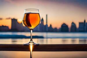 en glas av öl på en tabell i främre av en stad horisont. ai-genererad foto