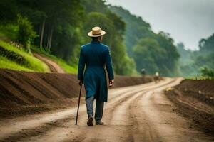 en man i en blå kostym och hatt gående ner en smuts väg. ai-genererad foto