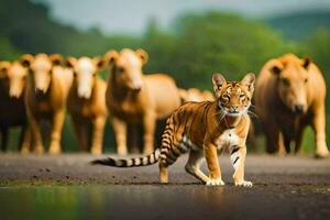 en tiger gående i främre av en besättning av nötkreatur. ai-genererad foto