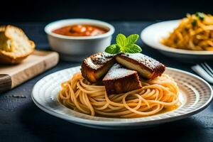 spaghetti med kött och ost på en tallrik. ai-genererad foto