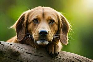en brun hund är Sammanträde på en logga. ai-genererad foto