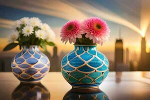 två vaser med blommor på en tabell med en stad i de bakgrund. ai-genererad foto