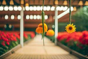 en gångväg med en hängande blomma och en röd blomma. ai-genererad foto