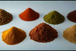 en mängd av kryddor och kryddor är visad i detta bild. ai-genererad foto