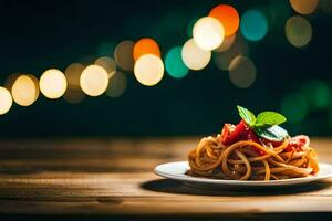 spaghetti på en tallrik med en bokeh bakgrund. ai-genererad foto