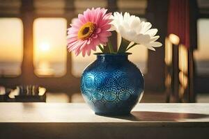 en blå vas med blommor på en tabell i främre av en fönster. ai-genererad foto