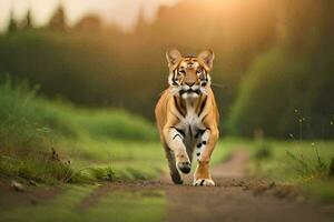 en tiger gående på en smuts väg i de mitten av en fält. ai-genererad foto