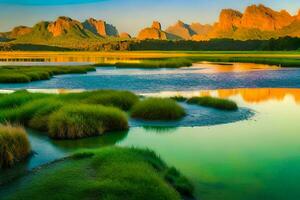 en flod med gräs och bergen i de bakgrund. ai-genererad foto