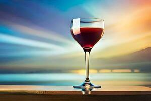 en glas av röd vin på en tabell i främre av de hav. ai-genererad foto