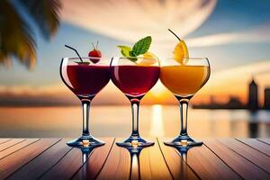 tre glasögon av cocktails med solnedgång i de bakgrund. ai-genererad foto